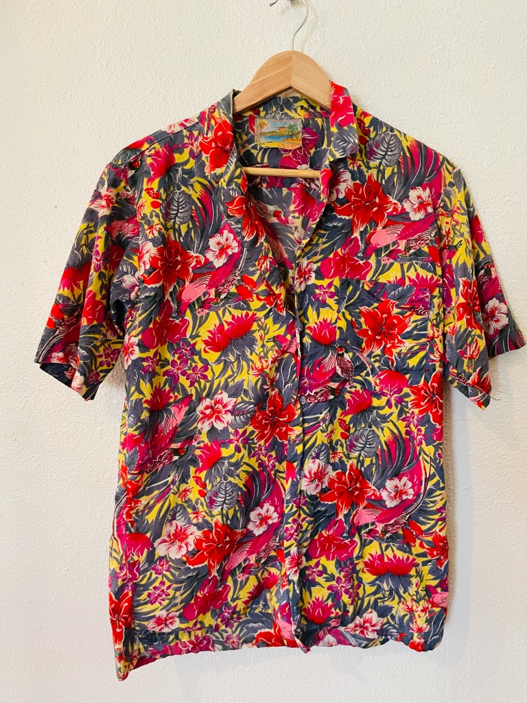 Rare Vintage Icarus Button Blouse Tropical Floral Birds Hawaiian Cotton Sz M/L